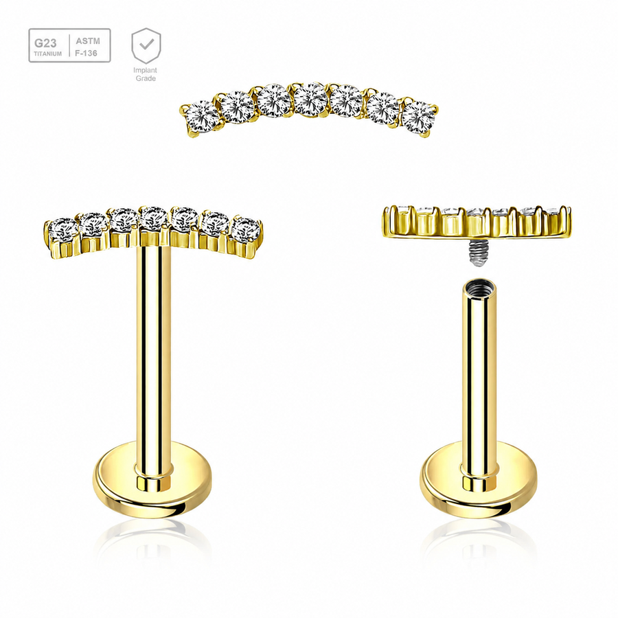 Pack of 5 Gold PVD plated titanium internally threaded labrets, Thickness 1.2mm, with a CZ studded crescent moon top Axis Titanium