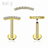 Pack of 5 Gold PVD plated titanium internally threaded labrets, Thickness 1.2mm, with a CZ studded curved top Axis Titanium