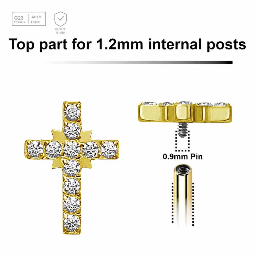 Pack of 5 Gold PVD plated Titanium G23 Internally threaded labret top in cross shape with prong sets CZ stones, Thread size 0.9mm Axis Titanium