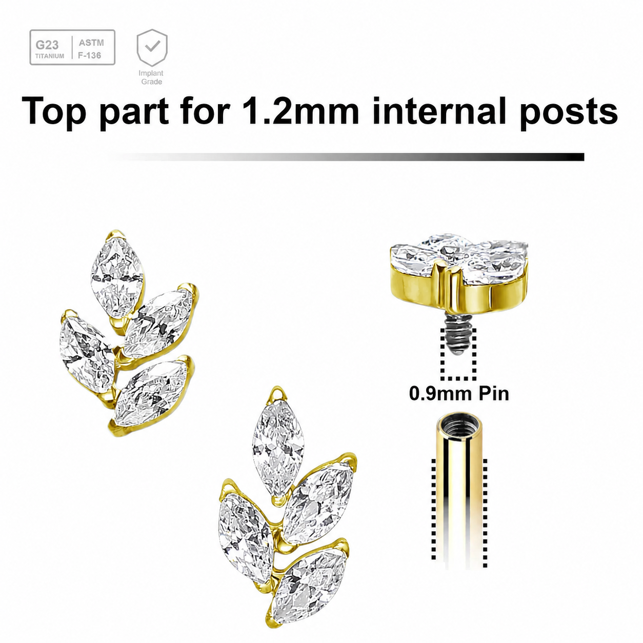 Pack of 5 Gold PVD plated Titanium internally threaded labret tops with a leaf shaped top with 4 marquis cut prong set CZ stones Axis Titanium