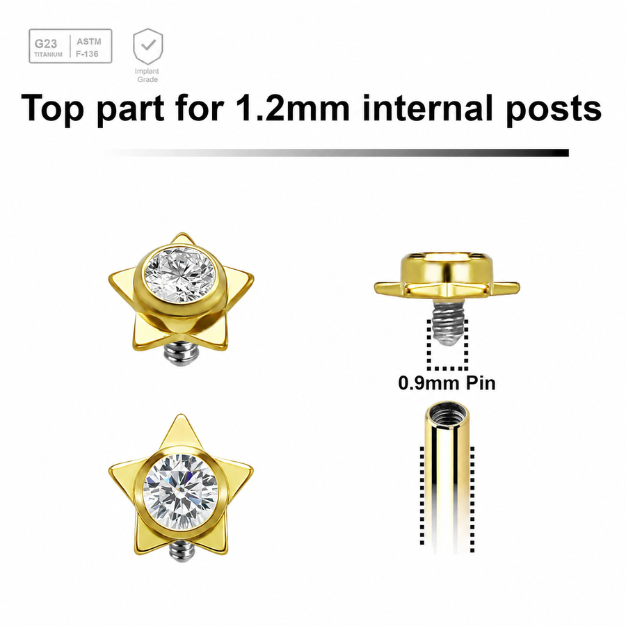 Pack of 5 gold PVD plated titanium Internally threaded labret tops in a flat star shape with a single bezel set central crystal Axis Titanium
