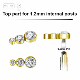 Pack of 5 gold PVD plated titanium Internally threaded labret top with 3 small round disks with bezel set crystals Axis Titanium