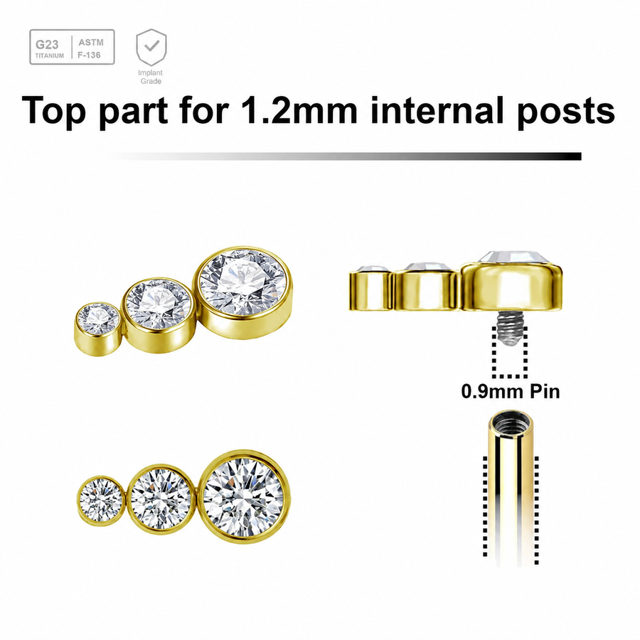 Pack of 5 gold PVD plated titanium Internally threaded labret top with 3 small round disks with bezel set crystals Axis Titanium