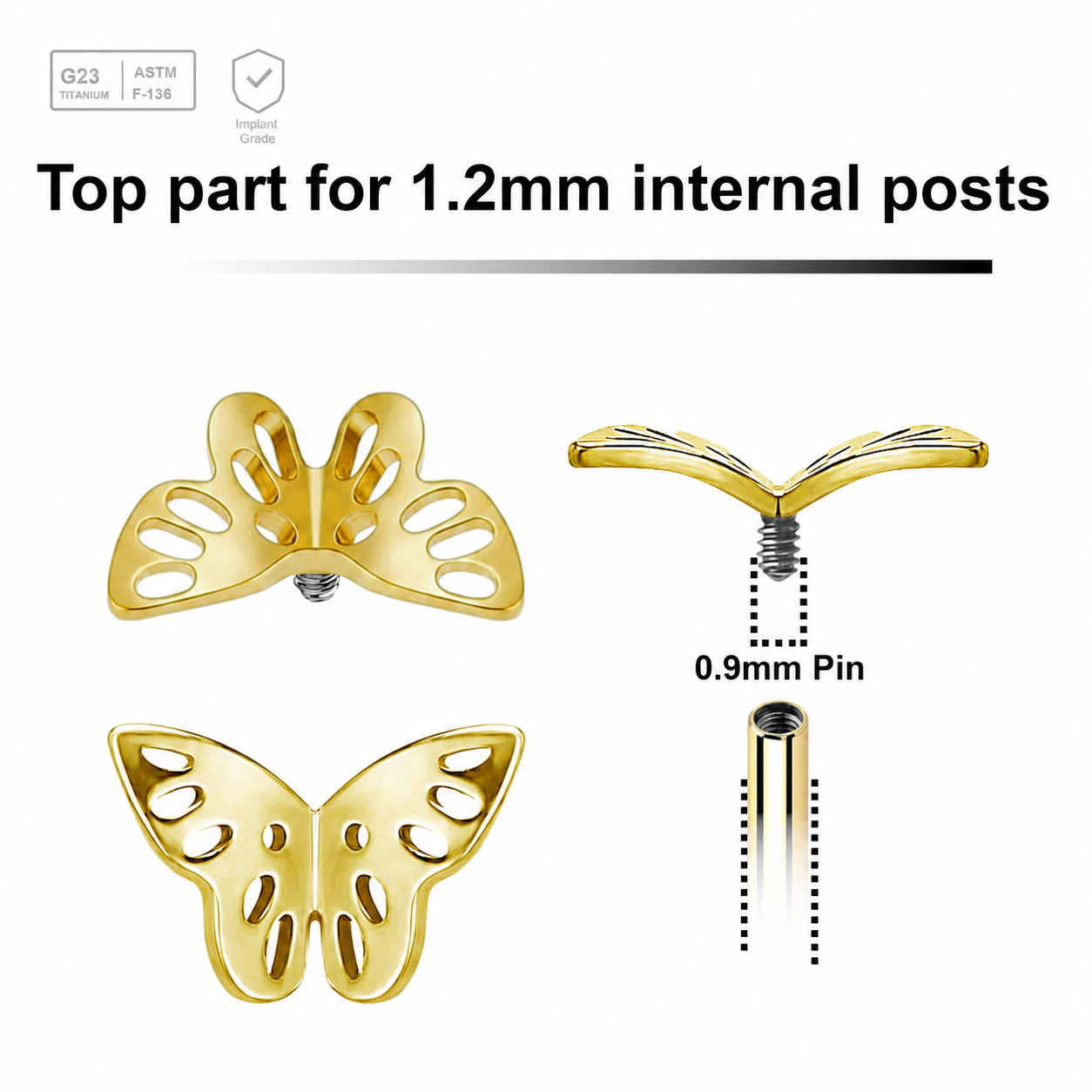 Pack of 5 gold PVD plated titanium Internally threaded labret top with a filigree butterfly Axis Titanium