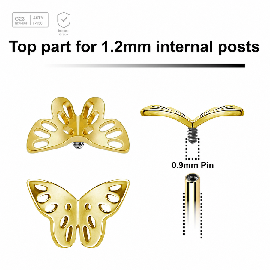 Pack of 5 gold PVD plated titanium Internally threaded labret top with a filigree butterfly Axis Titanium