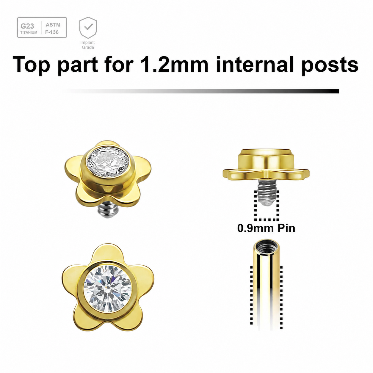 Pack of 5 gold PVD plated titanium Internally threaded labret tops in a flat flower shape with a single bezel set central crystal Axis Titanium