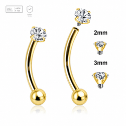 Pack of 5 Gold PVD plated titanium internally threaded eyebrow bananas, Thickness 1.2mm, with a top prong set CZ stone and a lower 3mm plain ball Axis Titanium