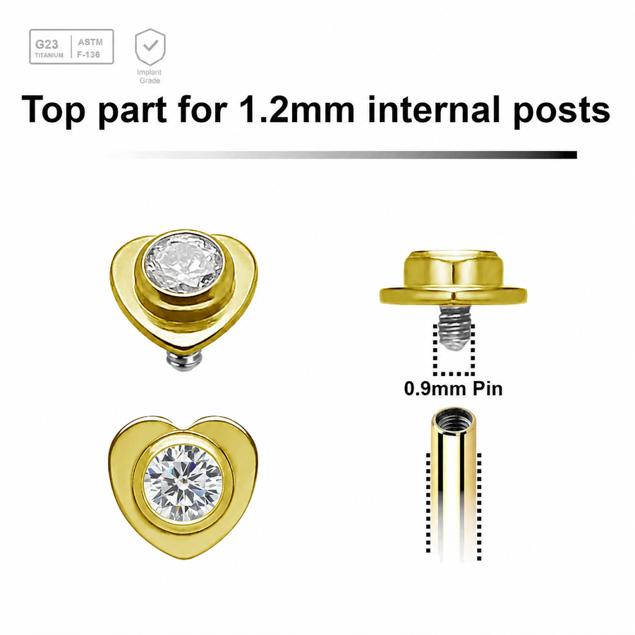Pack of 5 gold PVD plated titanium Internally threaded labret tops in a flat heart shape with a single bezel set central crystal Axis Titanium