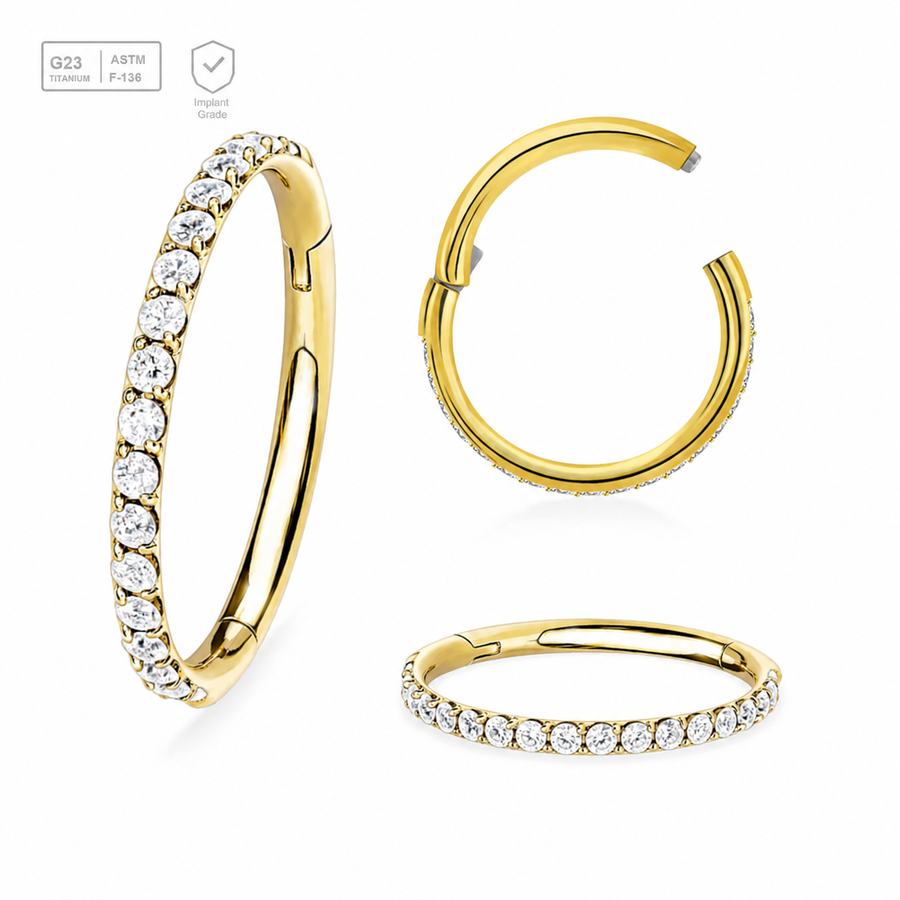 Wholesale Pack of 5 Gold PVD plated Titanium G23 hinged segment rings with outward facing prong set CZ on 3/4 of the circumference Axis Titanium