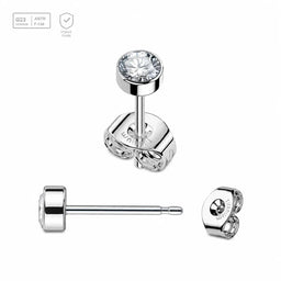 Pack of 5 Titanium G23 Ear studs with round top with bezel set crystal and butterflies with titanium engraving Axis Titanium