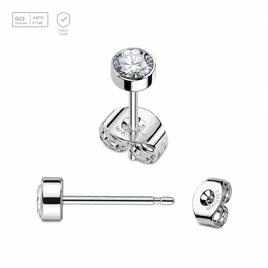 Pack of 5 Titanium G23 Ear studs with round top with bezel set crystal and butterflies with titanium engraving Axis Titanium