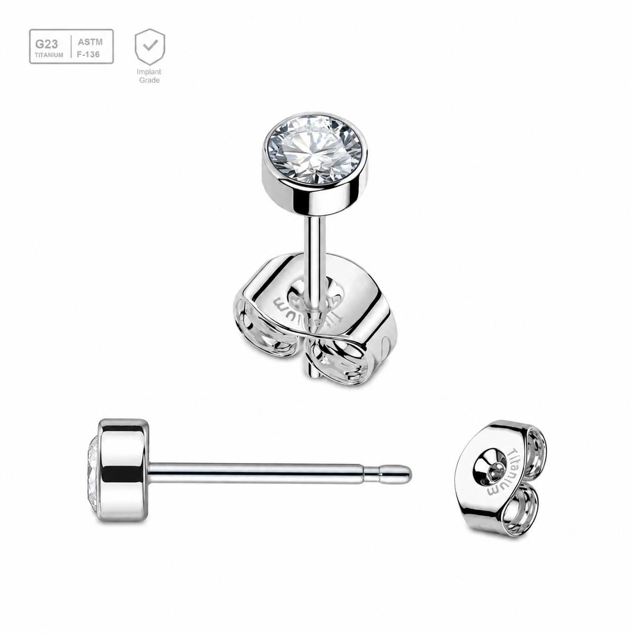 Pack of 5 pairs of Titanium G23 Ear studs with round top with bezel set crystal and butterflies with titanium engraving Axis Titanium