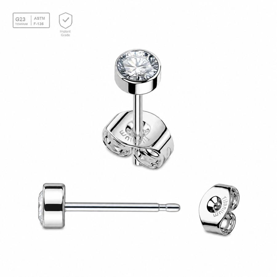 Pack of 5 pairs of Titanium G23 Ear studs with round top with bezel set crystal and butterflies with titanium engraving Axis Titanium