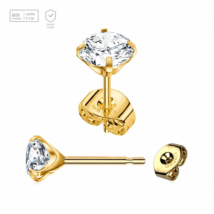 Pack of 5 Gold PVD plated Titanium Ear studs with prong set cubic zirconia and butterflies with titanium engraving Axis Titanium
