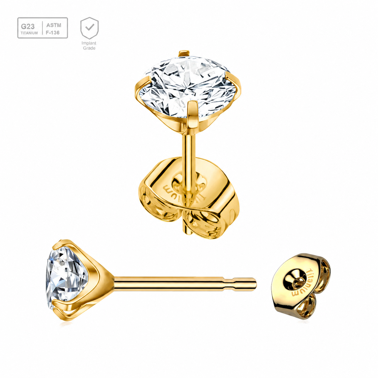 Pack of 5 pairs of Gold PVD plated Titanium Ear studs with prong set cubic zirconia and butterflies with titanium engraving Axis Titanium