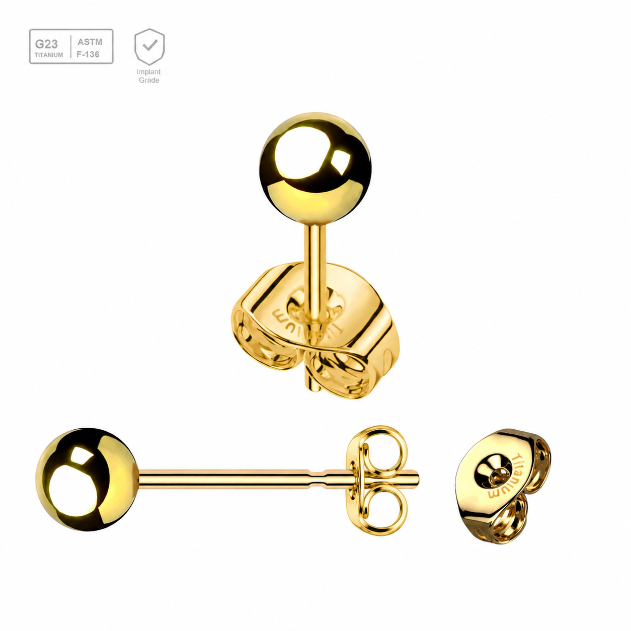 Pack of 5 pairs of Gold PVD plated Titanium Ear studs with ball top and butterflies with titanium engraving Axis Titanium