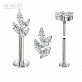 Pack of 5 high polished titanium threadless push in labrets with a leaf shaped top with 4 marquis cut prong set CZ stones Axis Titanium