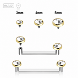 Pack of 5 high polished titanium internally threaded flat surface barbells with a 90 degree angle and 2mm height, thickness 1.6mm and gold PVD plated flat jewel tops with clear crystals Axis Titanium