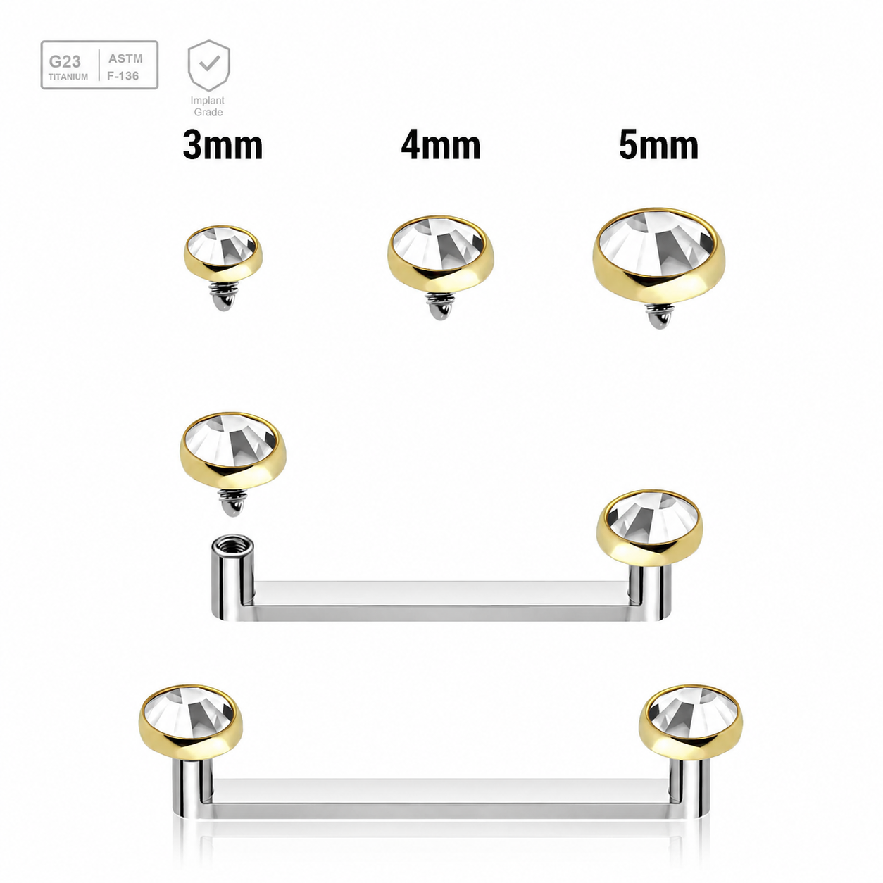 Pack of 5 high polished titanium internally threaded flat surface barbells with a 90 degree angle and 2mm height, thickness 1.6mm and gold PVD plated flat jewel tops with clear crystals Axis Titanium