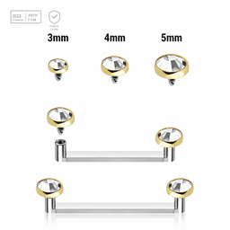 Pack of 5 high polished titanium internally threaded flat surface barbells with a 90 degree angle and 2mm height, thickness 1.6mm and gold PVD plated flat jewel tops with clear crystals Axis Titanium