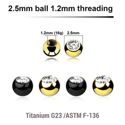 Pack of 10 PVD plated titanium G23 balls with a 2.5mm diameter and a bezel set crystal, 1.2mm external threading