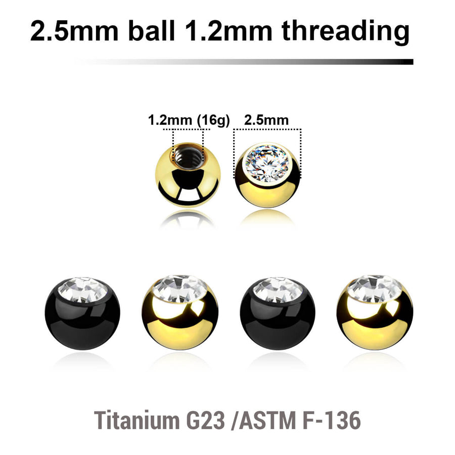 Pack of 10 PVD plated titanium G23 balls with a 2.5mm diameter and a bezel set crystal, 1.2mm external threading