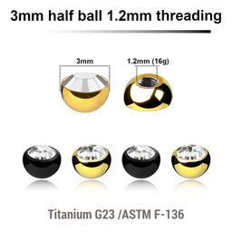 Pack of 10 PVD plated titanium G23 half jewel balls with a 3mm diameter and a bezel set crystal, 1.2mm external threading