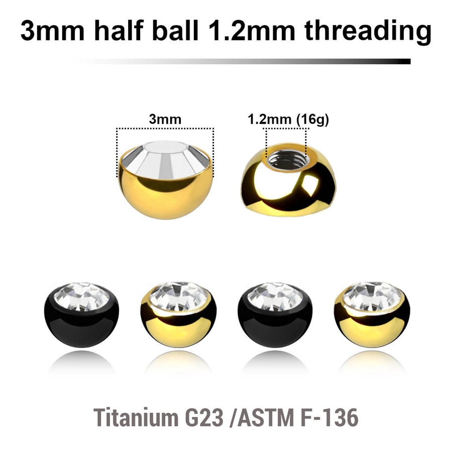 Pack of 10 PVD plated titanium G23 half jewel balls with a 3mm diameter and a bezel set crystal, 1.2mm external threading