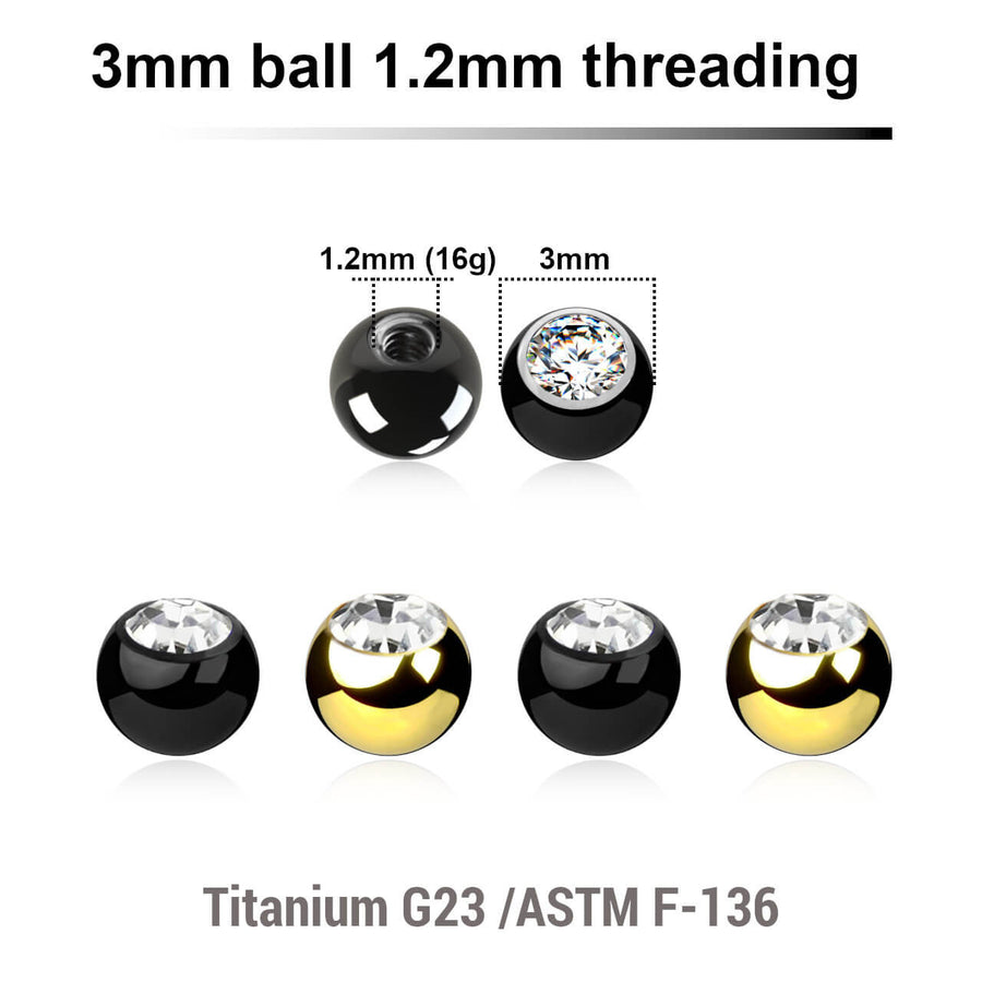 Pack of 10 PVD plated titanium G23 balls with a 3mm diameter and a bezel set crystal, 1.2mm external threading