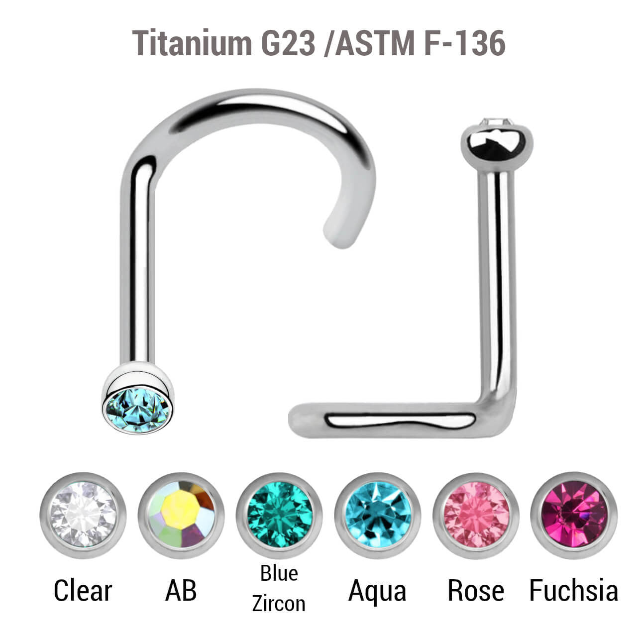 Pack of 10 Titanium G23 nose screws with 2mm rounded top with bezel set crystal, thickness 1mm