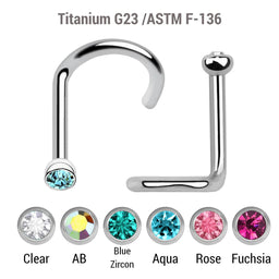 Pack of 10 Titanium G23 nose screws with 2mm rounded top with bezel set crystal, thickness 1mm