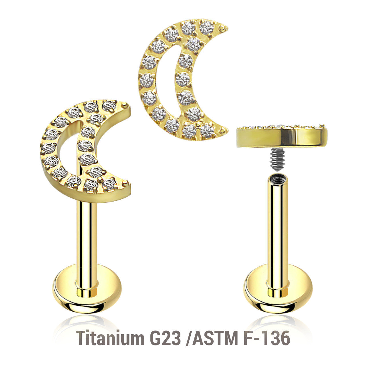 Pack of 5 Gold PVD plated titanium internally threaded labrets, Thickness 1.2mm, with a CZ studded moon top