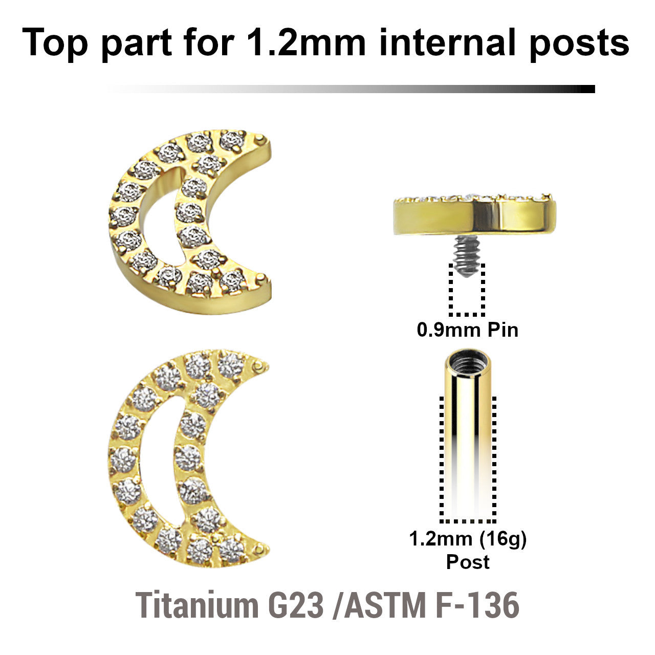 Pack of 5 Gold PVD plated Titanium G23 Internally threaded labret tops with a CZ studded moon design, Thread size 0.9mm