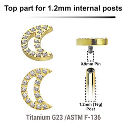 Pack of 5 Gold PVD plated Titanium G23 Internally threaded labret tops with a CZ studded moon design, Thread size 0.9mm