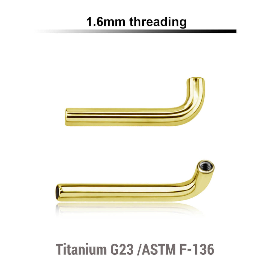 Pack of 5 gold PVD plated titanium internally threaded Christina barbell post in L shape w a 2.5mm rise, thickness 1.6mm