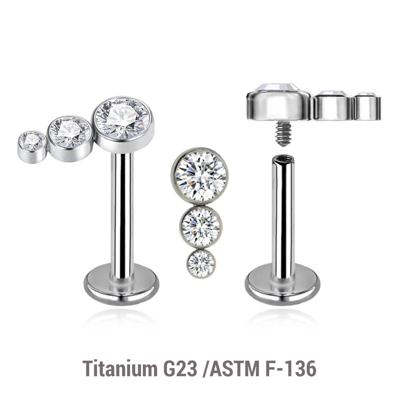 Pack of 5 high polished titanium internally threaded labrets, Thickness 1.2mm, with a top with 3 small round disk with bezel set crystals