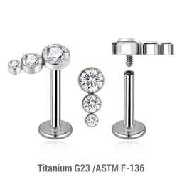 Pack of 5 high polished titanium internally threaded labrets, Thickness 1.2mm, with a top with 3 small round disk with bezel set crystals