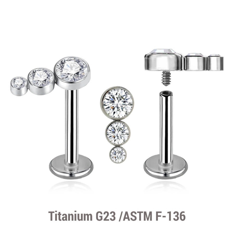 Pack of 5 high polished titanium internally threaded labrets, Thickness 1.2mm, with a top with 3 small round disk with bezel set crystals