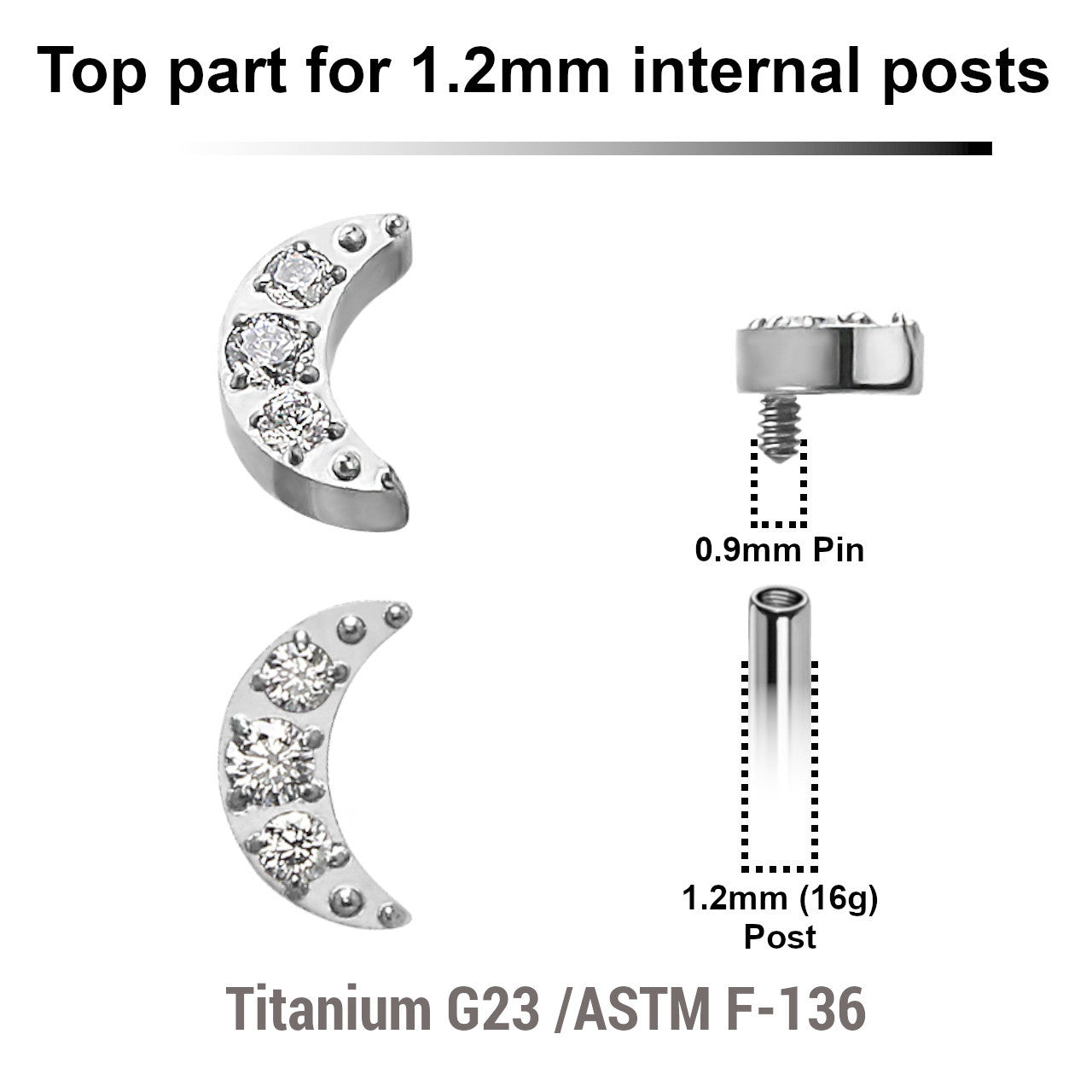 Pack of 5 Titanium Internally threaded labret tops with a small moon with 3 CZ, Thread size 0.9mm