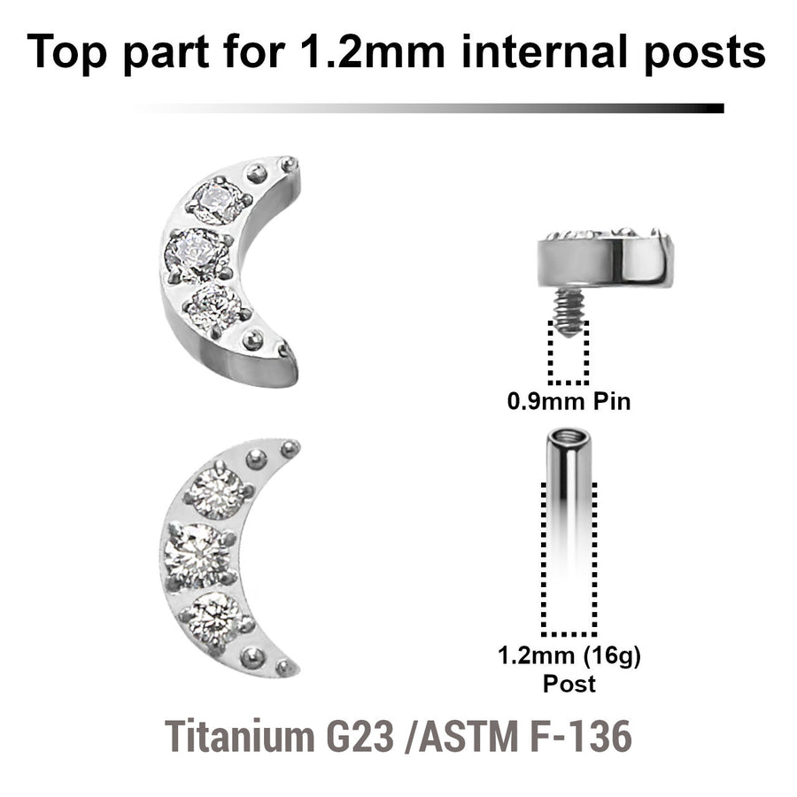 Pack of 5 Titanium Internally threaded labret tops with a small moon with 3 CZ, Thread size 0.9mm
