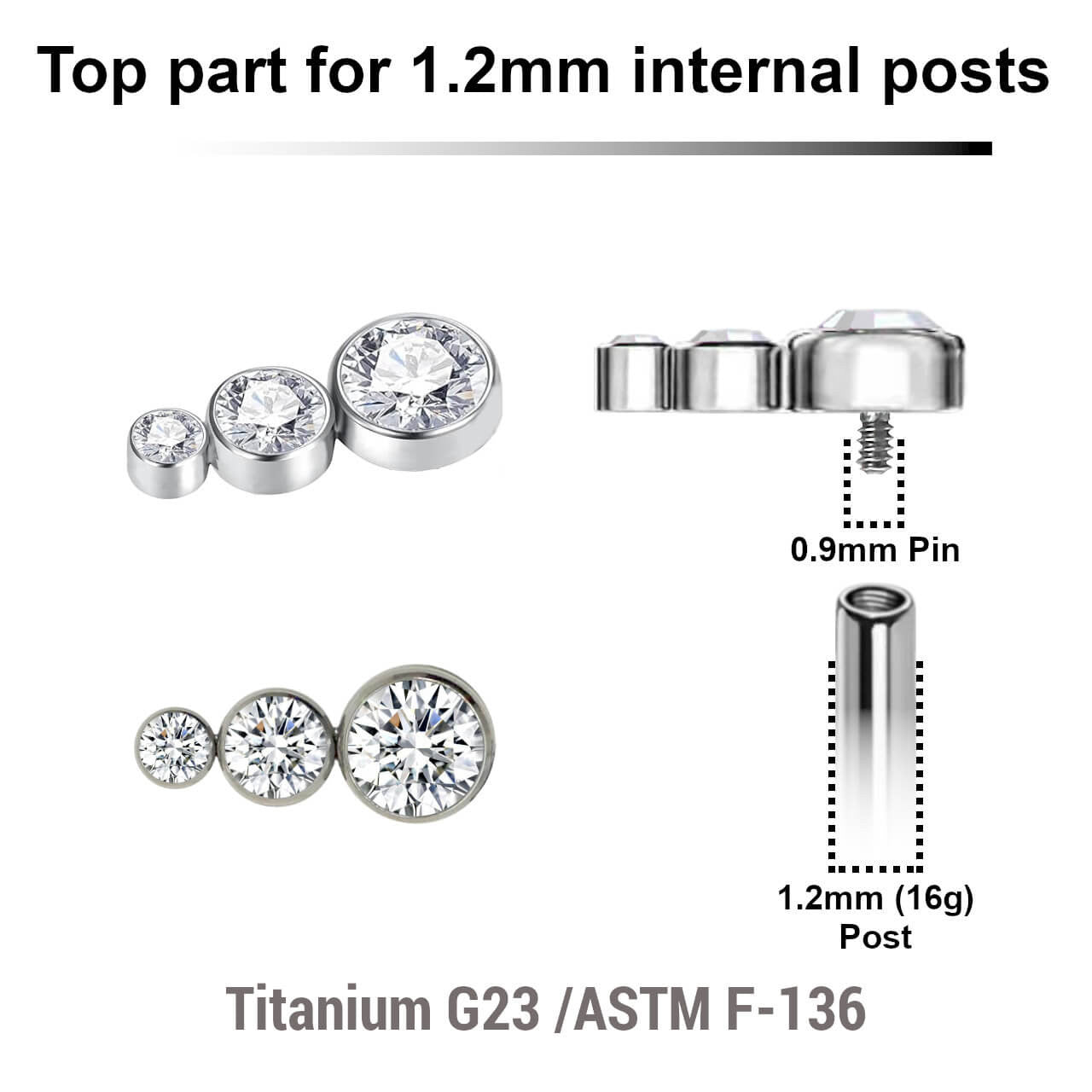 Pack of 5 Titanium Internally threaded labret tops 3 small round disk with bezel set crystals, Thread size 0.9mm