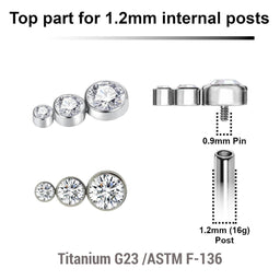Pack of 5 Titanium Internally threaded labret tops 3 small round disk with bezel set crystals, Thread size 0.9mm