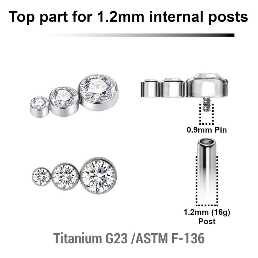 Pack of 5 Titanium Internally threaded labret tops 3 small round disk with bezel set crystals, Thread size 0.9mm