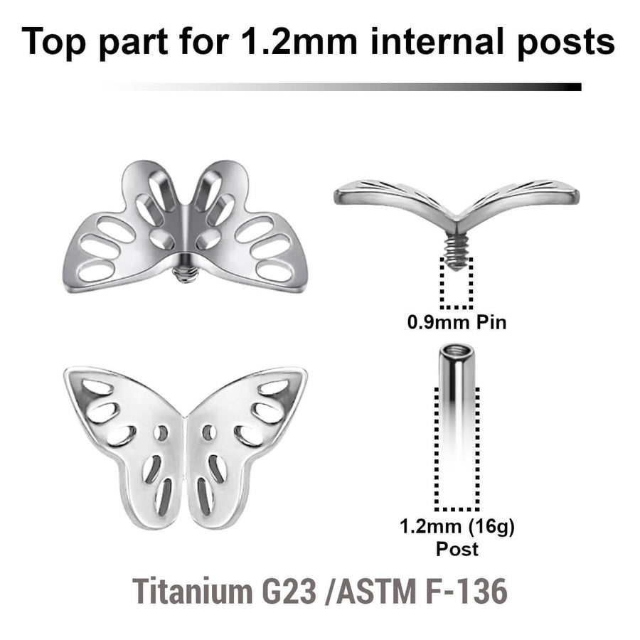 Pack of 5 Titanium Internally threaded labret top with a filigree butterfly