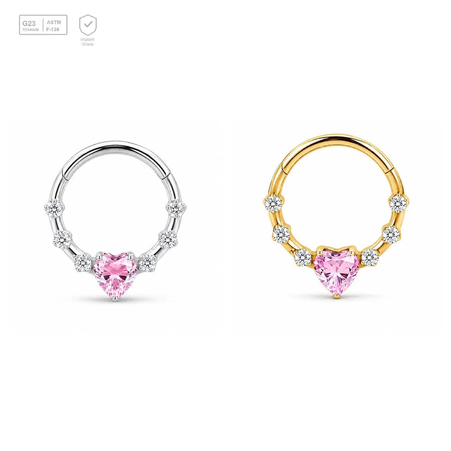 Pink Heart Halo titanium segment ring in natural titanium and gold-plated finishes