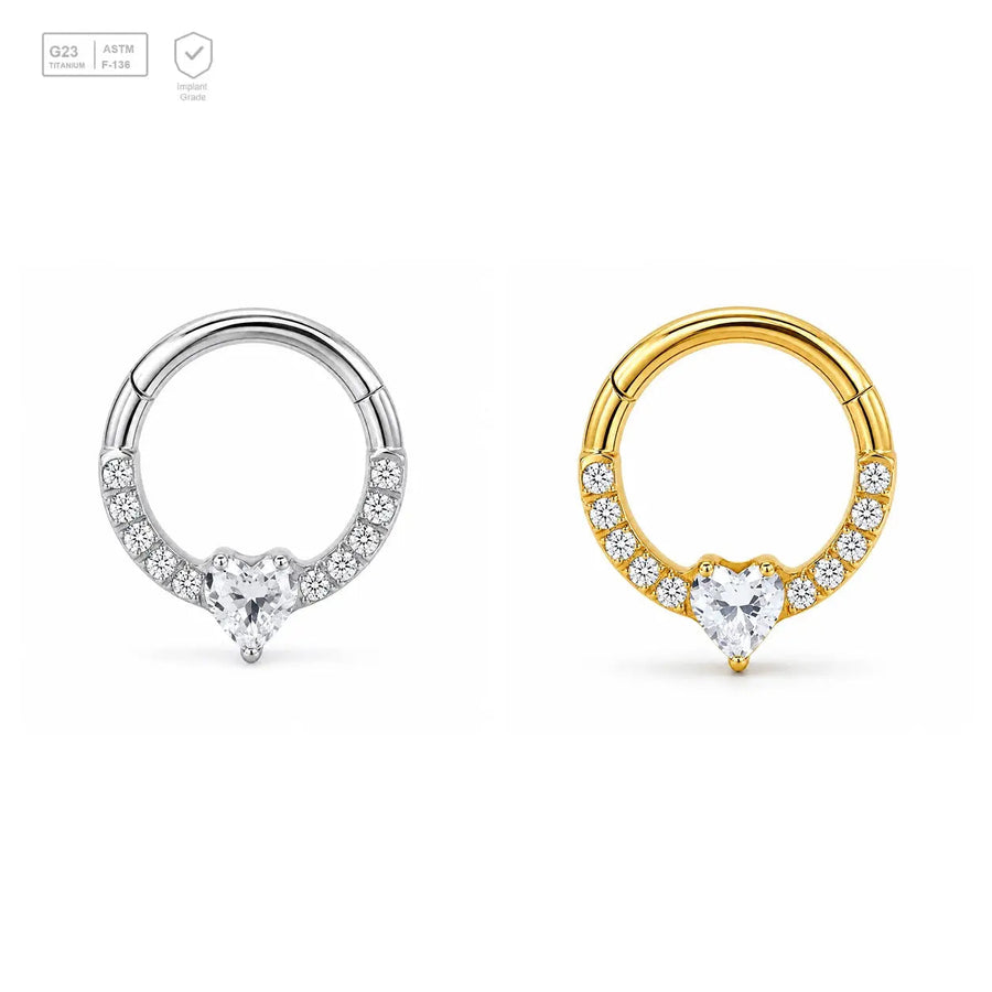 Pavé Heart Crest titanium segment ring in natural titanium and gold-plated finishes
