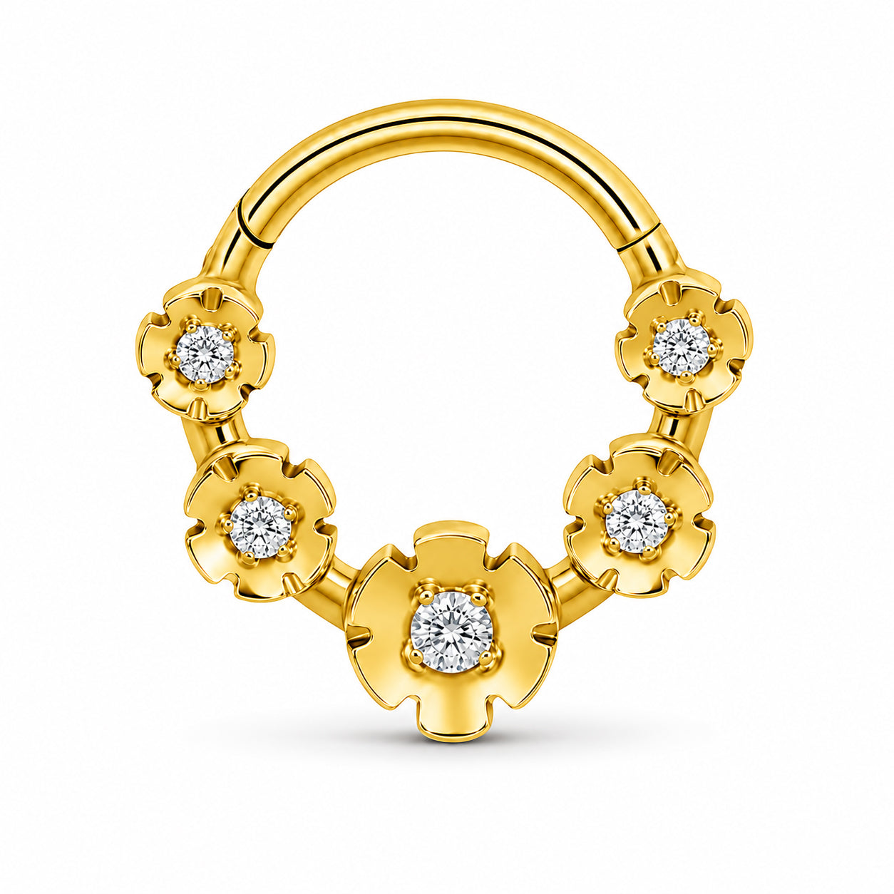 Pack of 5 – ASTM F136 Titanium Segment Ring – 18K Gold Plated Heart, Floral & Sunburst Crystals