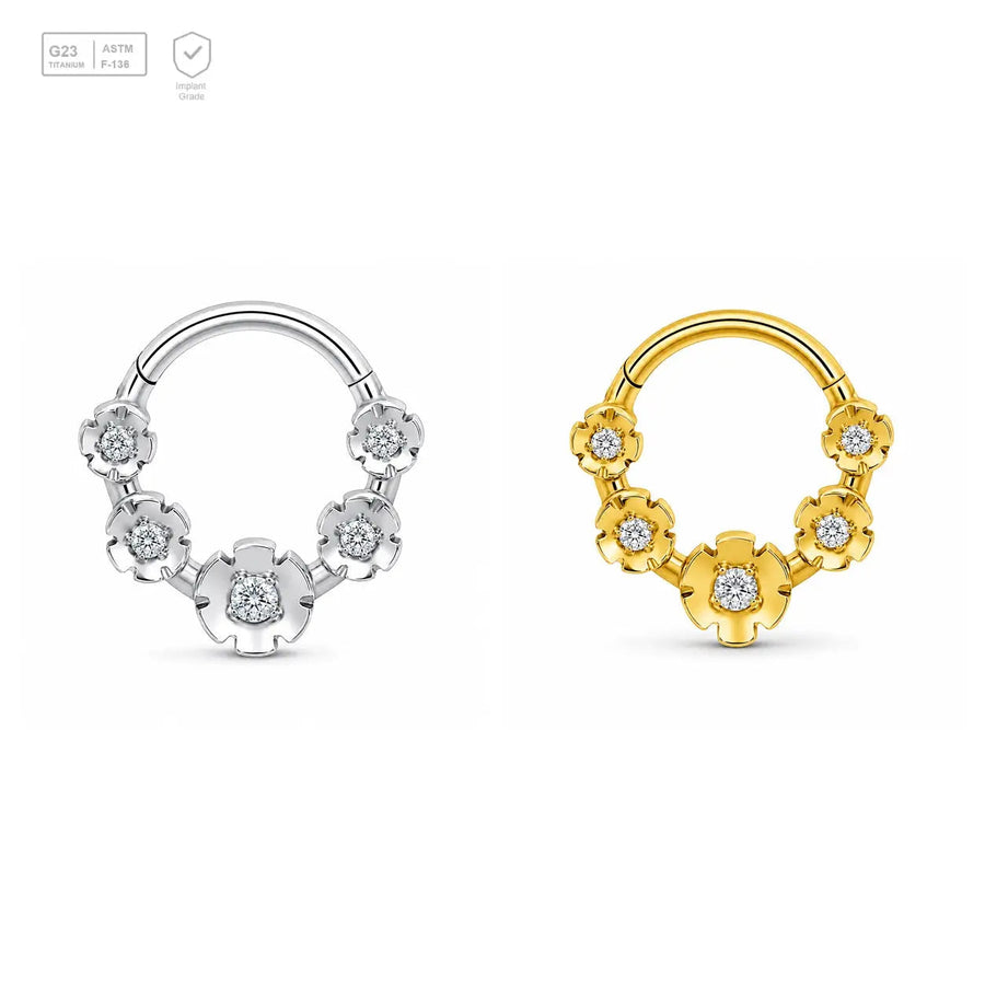 Triple Blossom titanium segment ring in natural titanium and gold-plated finishes