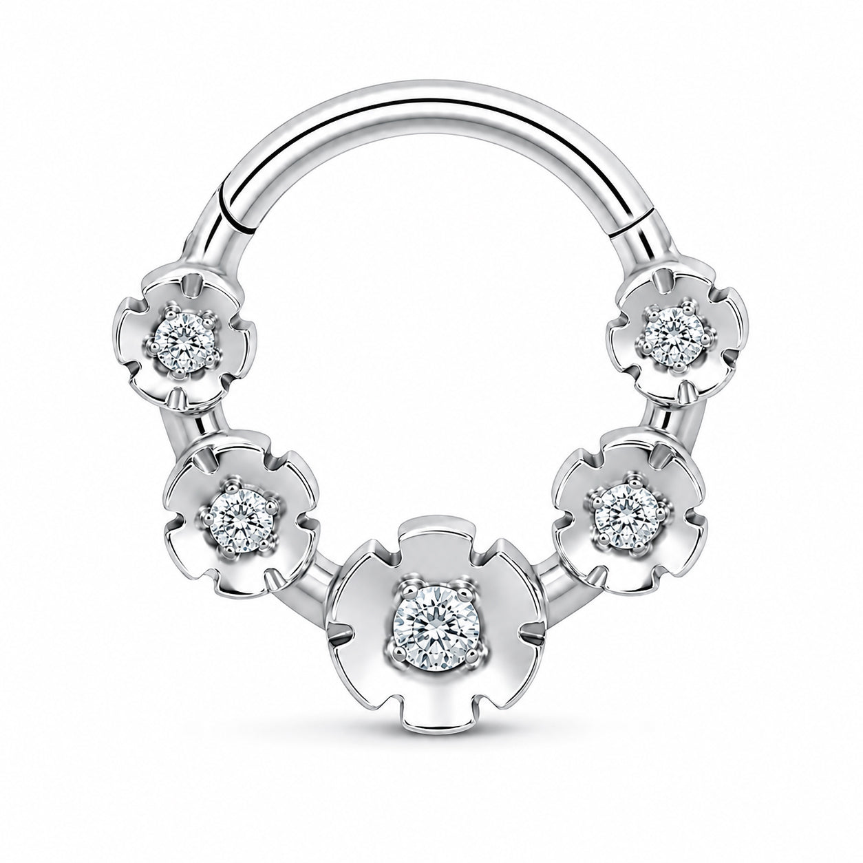 Pack of 5 – ASTM F136 Titanium Segment Ring – Natural Titanium Heart, Floral & Sunburst Crystals