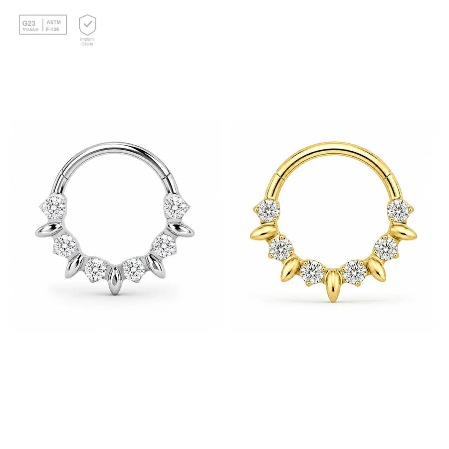 Crystal Leaf Garland titanium segment ring in natural titanium and gold-plated finishes